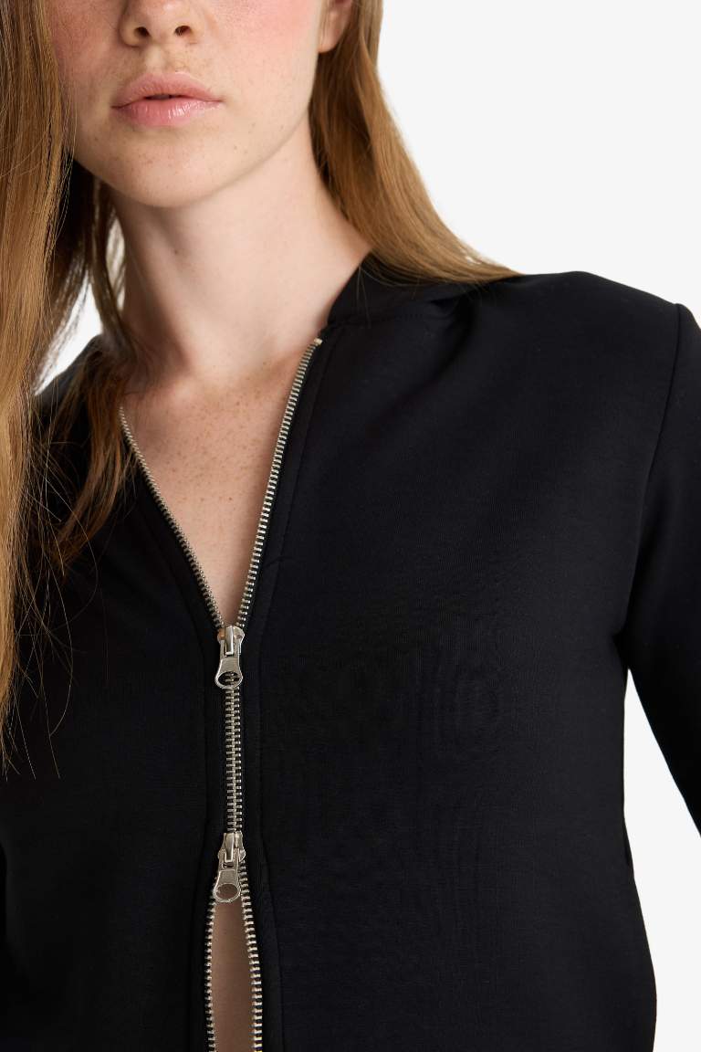 Slim Fit Dar Kesim Kapüşonlu Modal Fermuarlı Sweatshirt