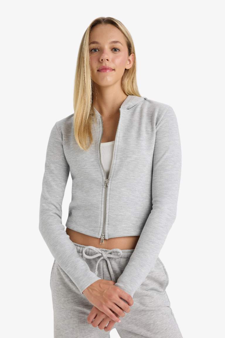 Slim Fit Dar Kesim Kapüşonlu Modal Fermuarlı Sweatshirt