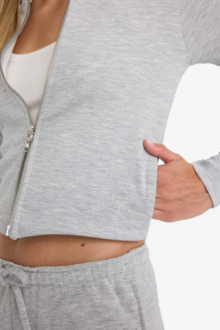 Slim Fit Dar Kesim Kapüşonlu Modal Fermuarlı Sweatshirt