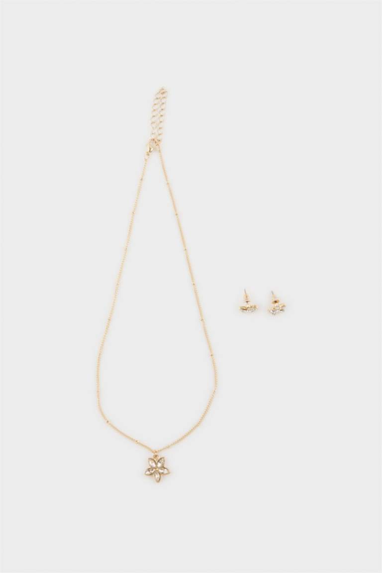 Kadın Çiçek Uçlu Gold 2'li Kolye Küpe Seti