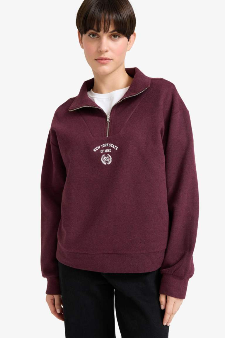 Regular Fit Yarım Fermuarlı Baskılı Sweatshirt