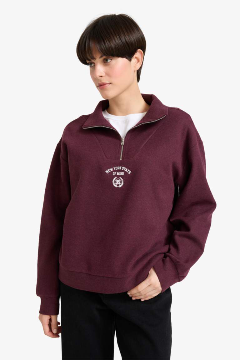 Regular Fit Yarım Fermuarlı Baskılı Sweatshirt