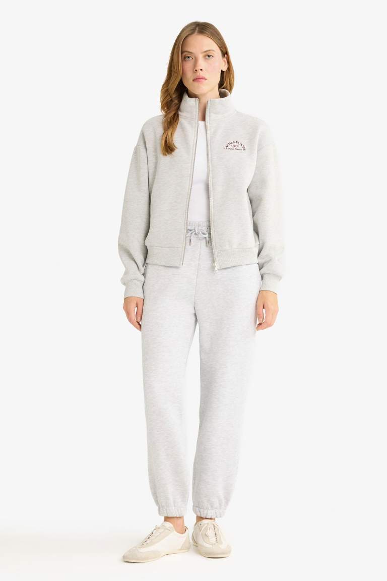Relax Fit Yarım Balıkçı Yaka Baskılı Kalın Fermuarlı Sweatshirt