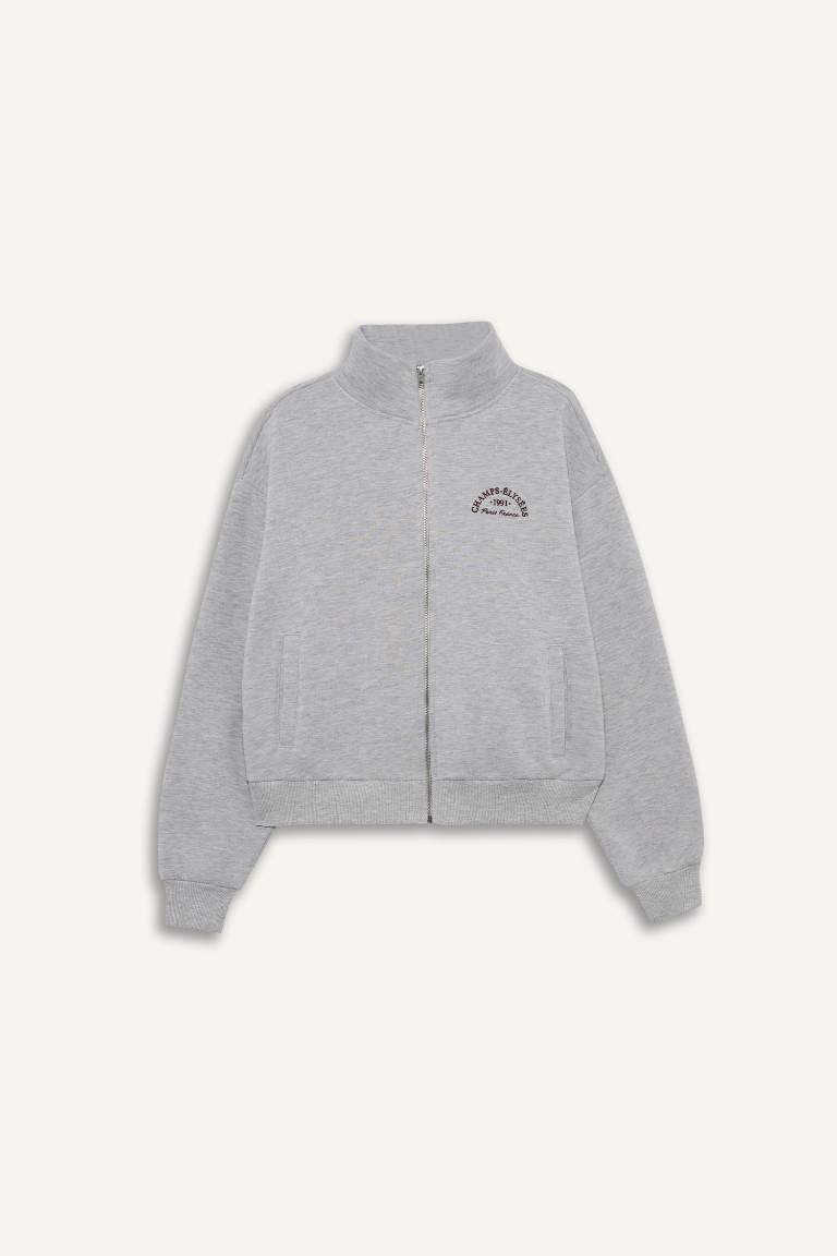 Relax Fit Yarım Balıkçı Yaka Baskılı Kalın Fermuarlı Sweatshirt