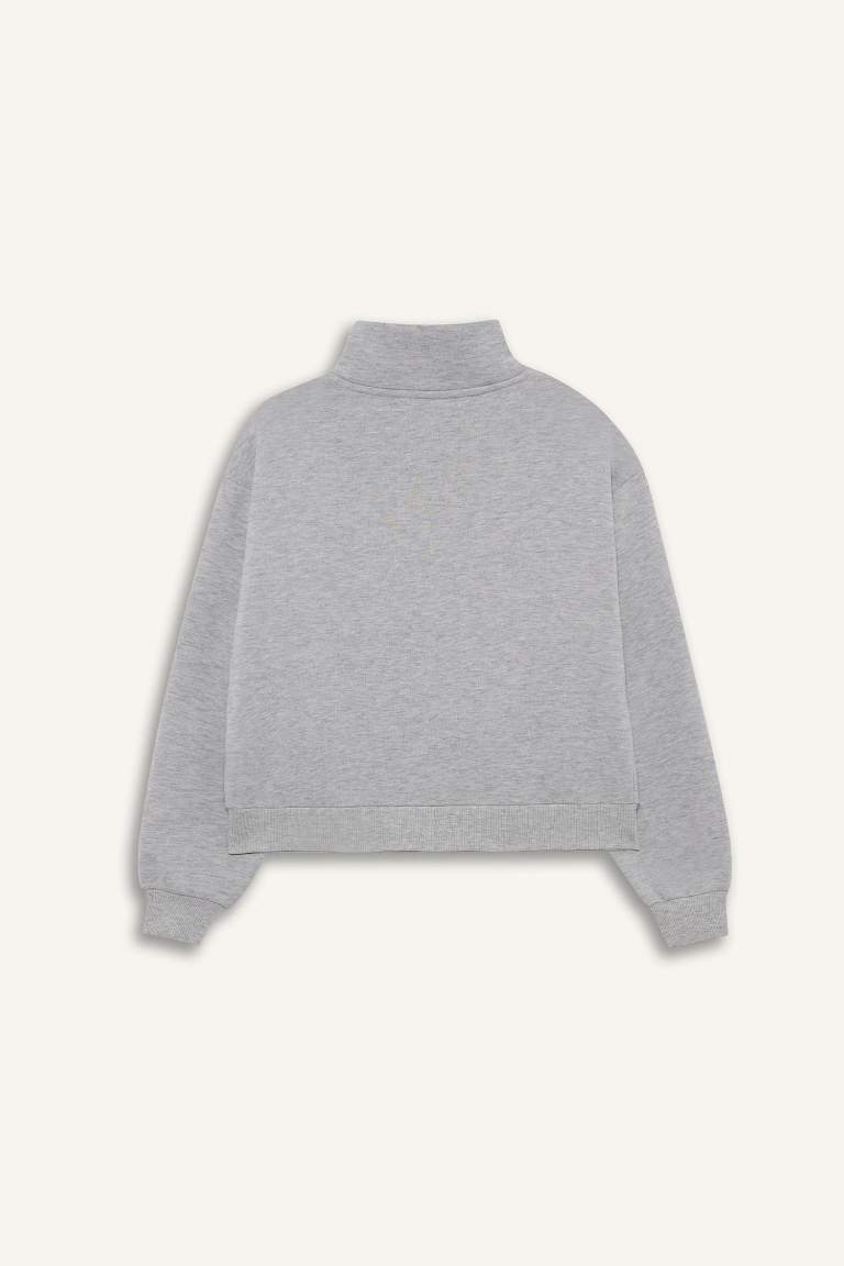 Relax Fit Yarım Balıkçı Yaka Baskılı Kalın Fermuarlı Sweatshirt