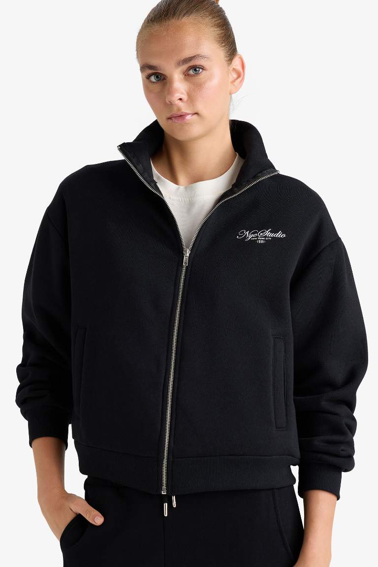 Relax Fit Dik Yaka Baskılı Kalın Fermuarlı Sweatshirt