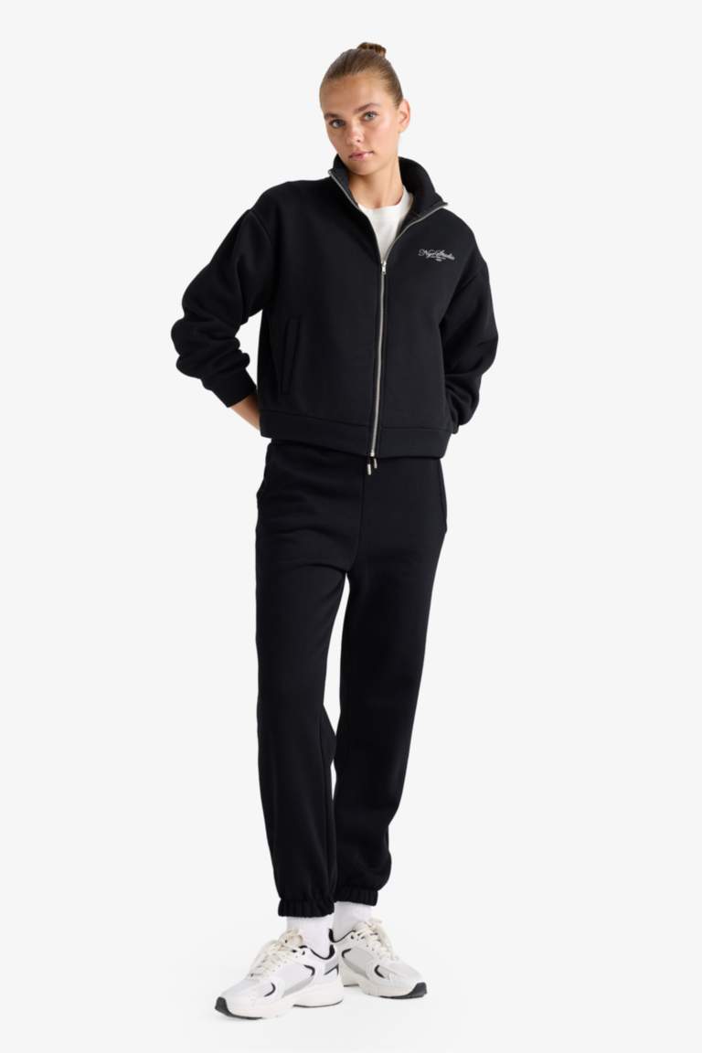 Relax Fit Dik Yaka Baskılı Kalın Fermuarlı Sweatshirt