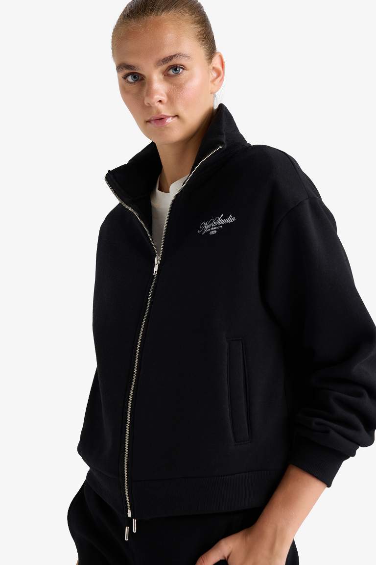 Relax Fit Dik Yaka Baskılı Kalın Fermuarlı Sweatshirt