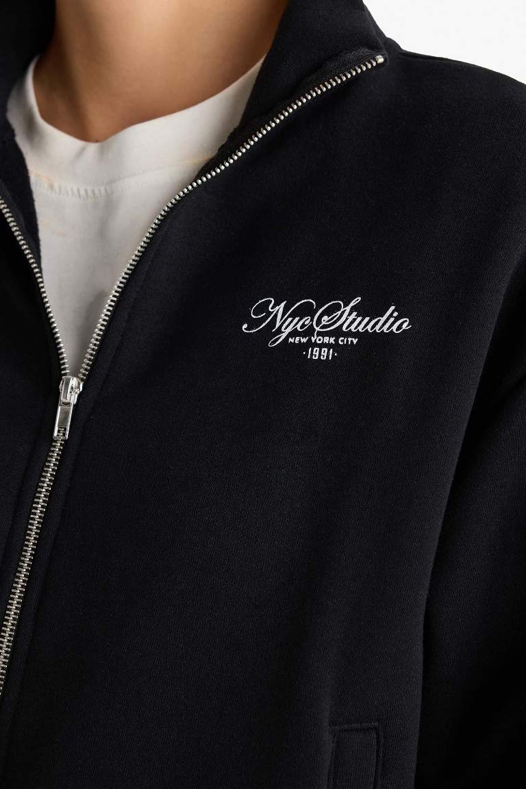 Relax Fit Dik Yaka Baskılı Kalın Fermuarlı Sweatshirt