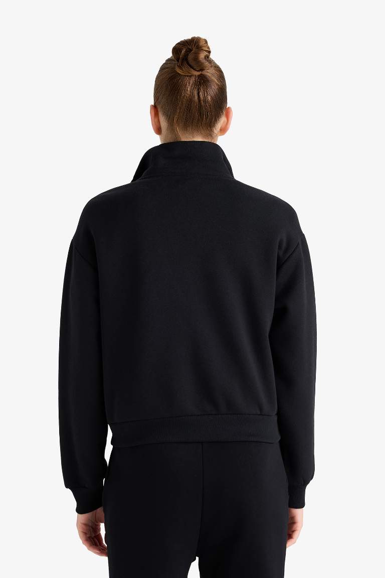 Relax Fit Dik Yaka Baskılı Kalın Fermuarlı Sweatshirt