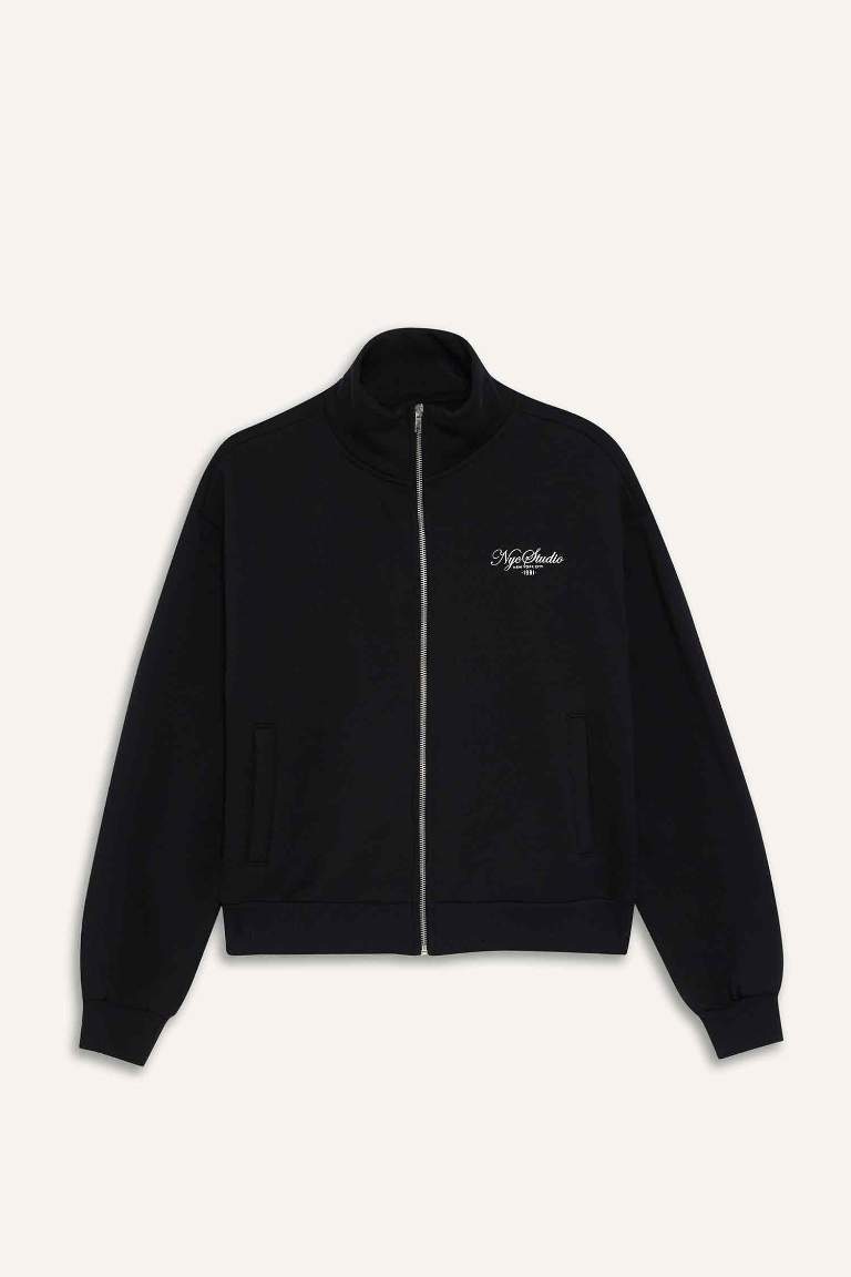 Relax Fit Dik Yaka Baskılı Kalın Fermuarlı Sweatshirt