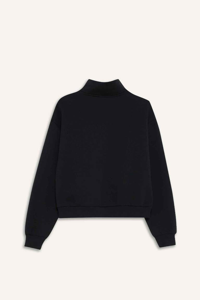 Relax Fit Dik Yaka Baskılı Kalın Fermuarlı Sweatshirt