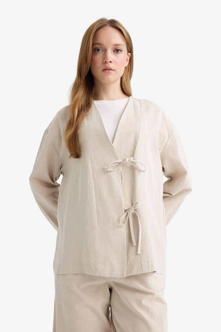 Regular Fit V Yaka Keten Karışımlı Kimono