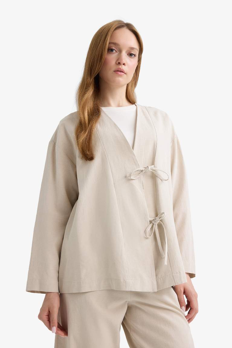Regular Fit V Yaka Keten Karışımlı Kimono