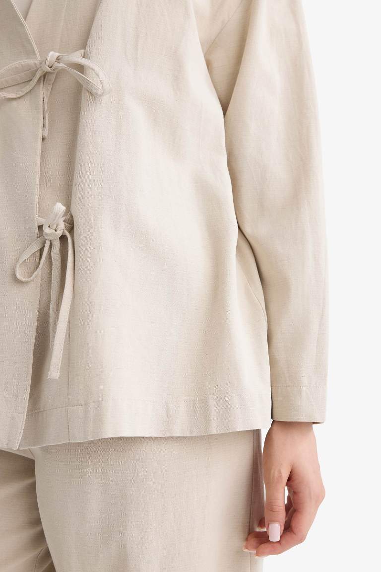 Regular Fit V Yaka Keten Karışımlı Kimono