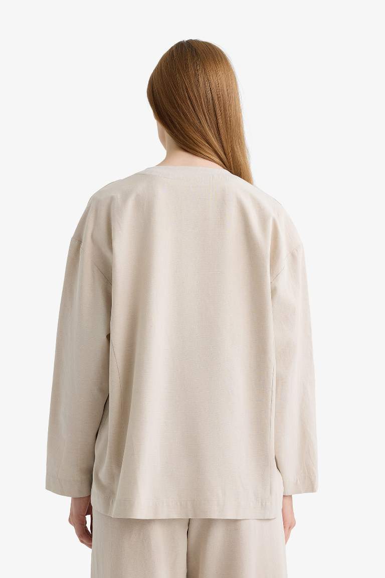 Regular Fit V Yaka Keten Karışımlı Kimono