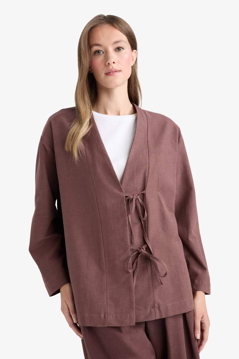 Regular Fit V Yaka Keten Karışımlı Kimono
