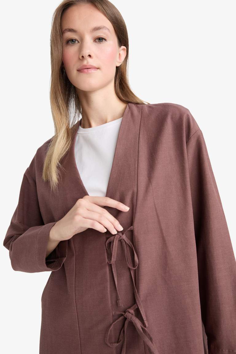 Regular Fit V Yaka Keten Karışımlı Kimono