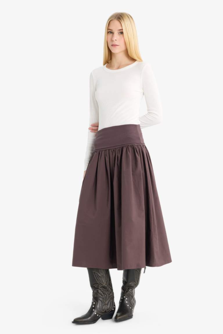 A-Line High Waist Poplin Midi Skirt