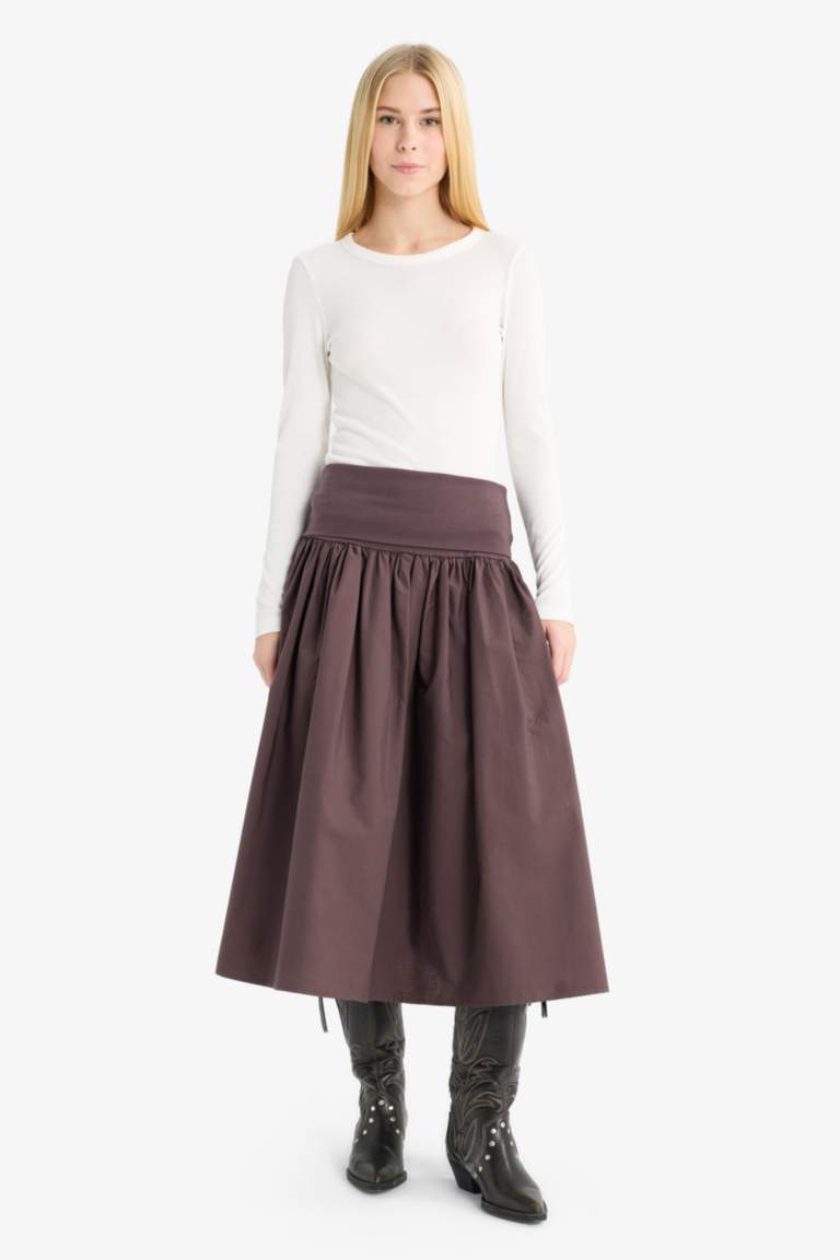 A-Line High Waist Poplin Midi Skirt