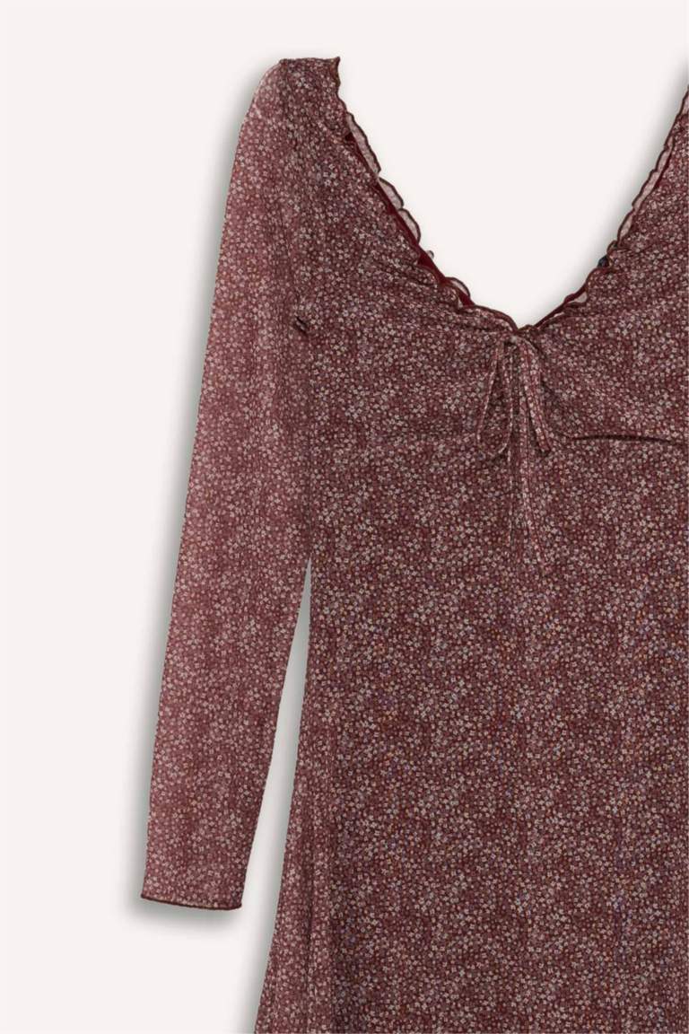 Coool V Yaka Çiçekli Tül Uzun Kollu Mini Elbise