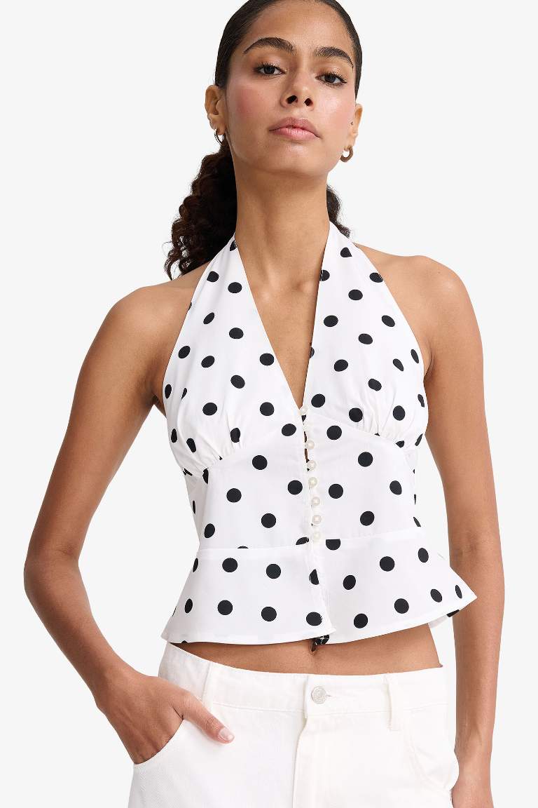 Fitted Boyundan Bağlamalı Puantiyeli Poplin Kolsuz Bluz