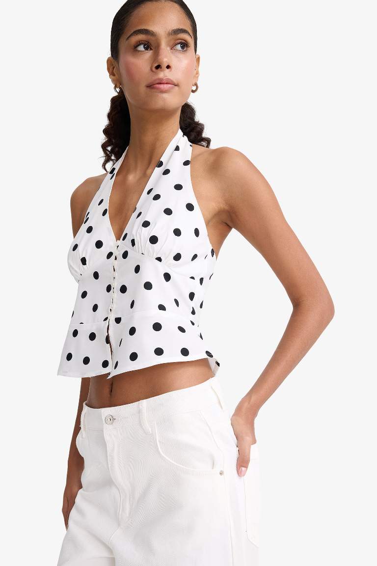 Fitted Boyundan Bağlamalı Puantiyeli Poplin Kolsuz Bluz