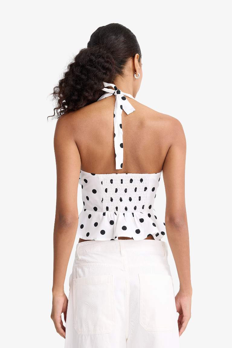 Fitted Boyundan Bağlamalı Puantiyeli Poplin Kolsuz Bluz