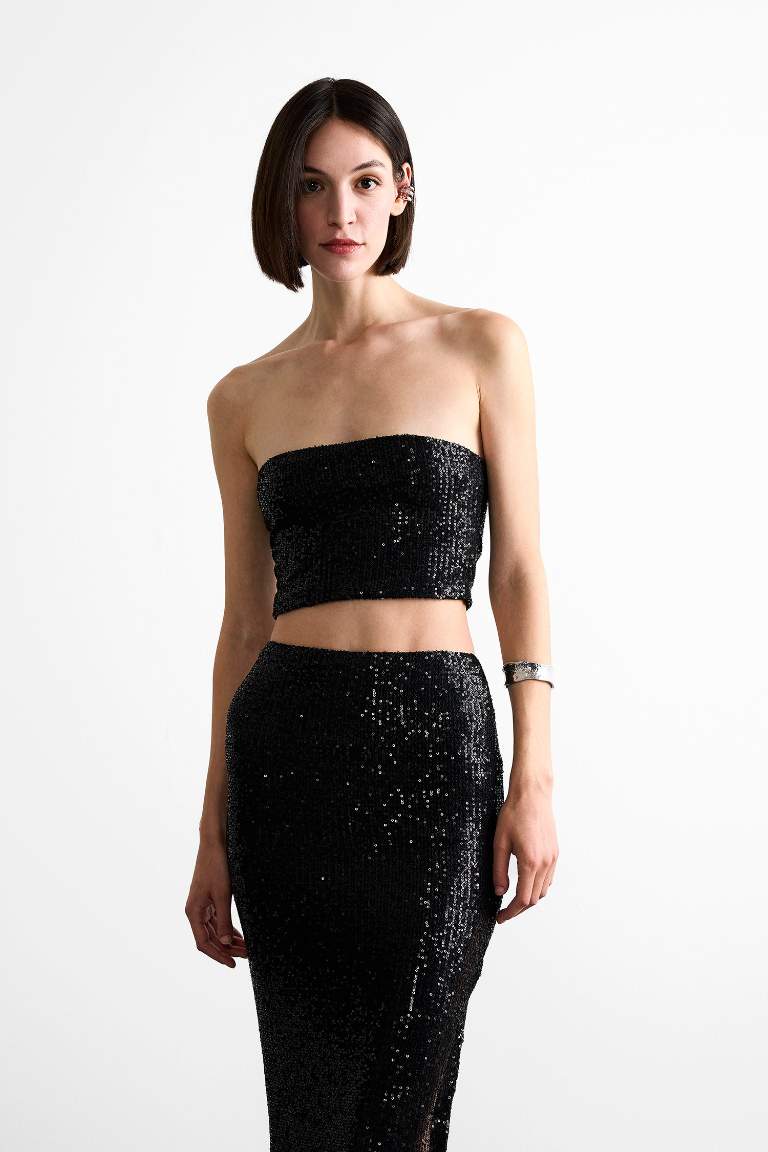 Crop Payetli Siyah Straplez Bluz