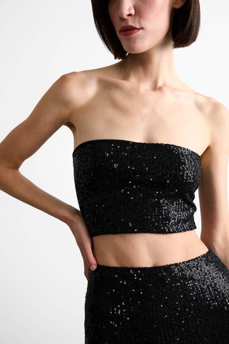 Crop Payetli Siyah Straplez Bluz