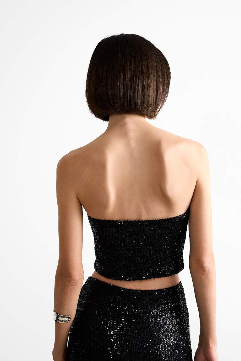 Crop Payetli Siyah Straplez Bluz