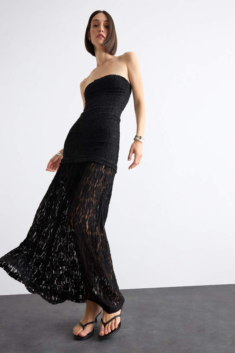 Slim Fit Dar Kesim Vücudu Saran Dantel Straplez Siyah Maxi Elbise