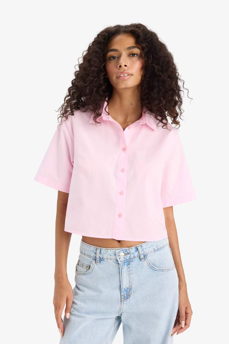 Regular Fit Gömlek Yaka Poplin Kısa Kollu Gömlek