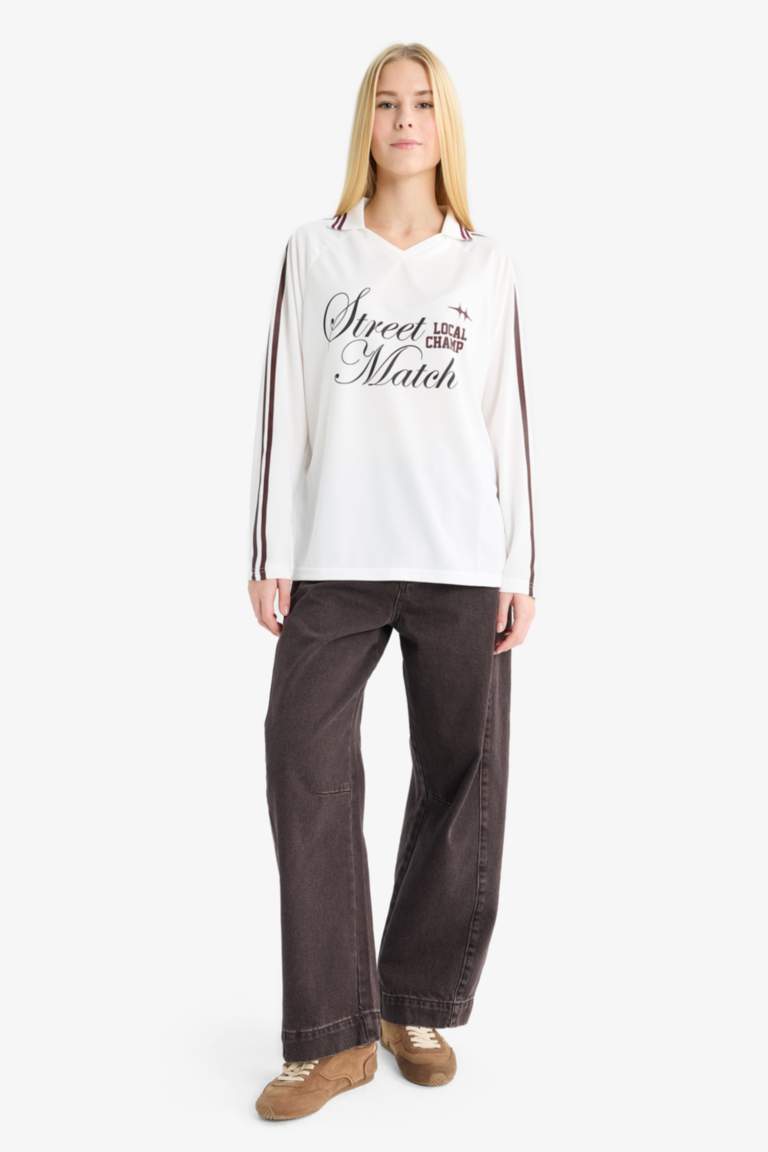 Oversized Fit Polo Neck Long Sleeve T-Shirt