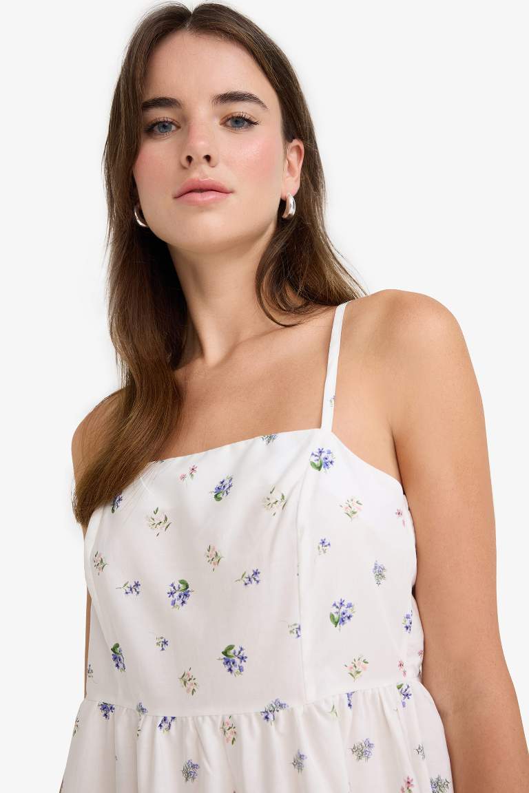 فستان ميدي فلورال بوبلين بياخة مربعة