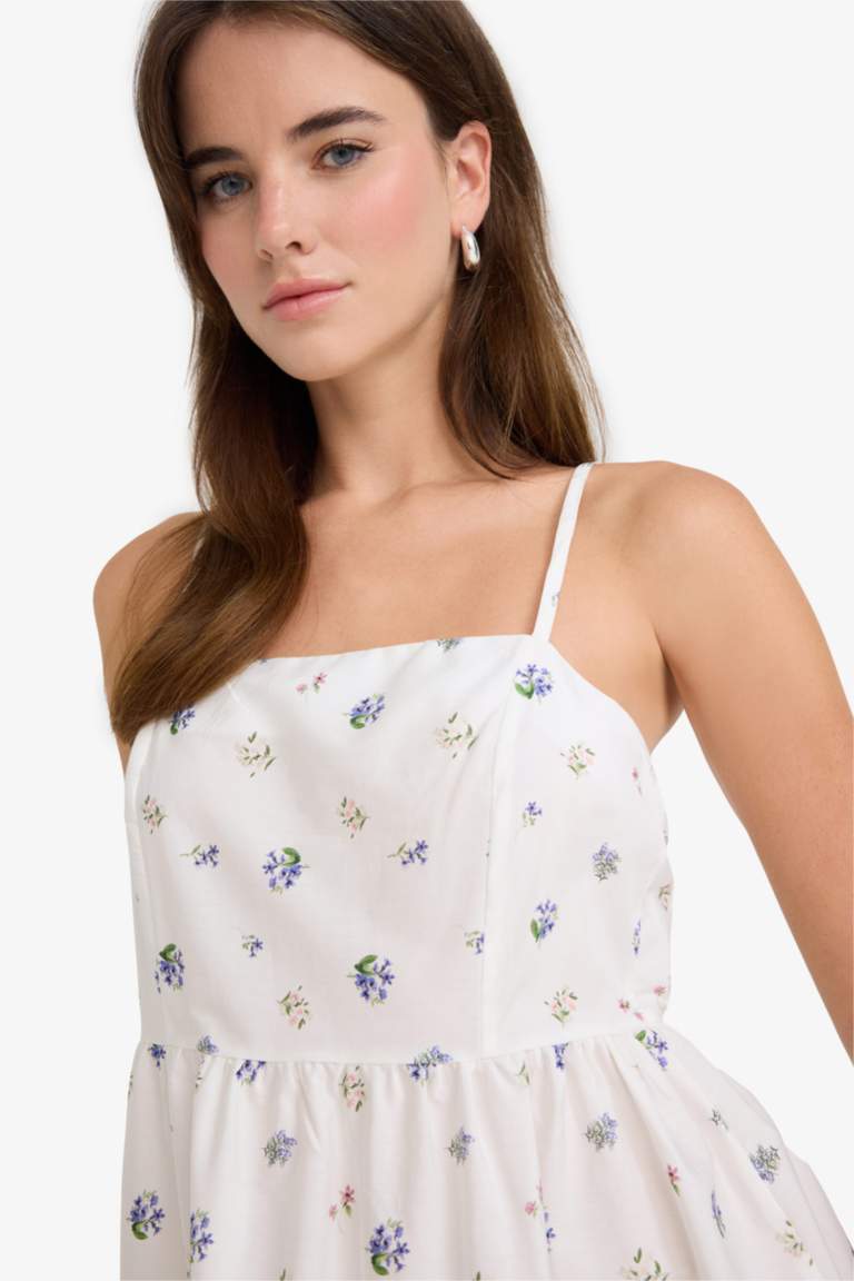 فستان ميدي فلورال بوبلين بياخة مربعة