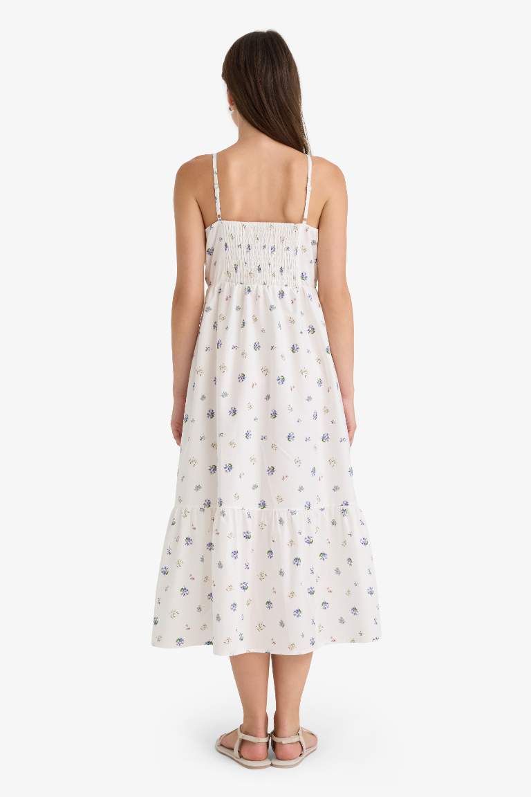 فستان ميدي فلورال بوبلين بياخة مربعة