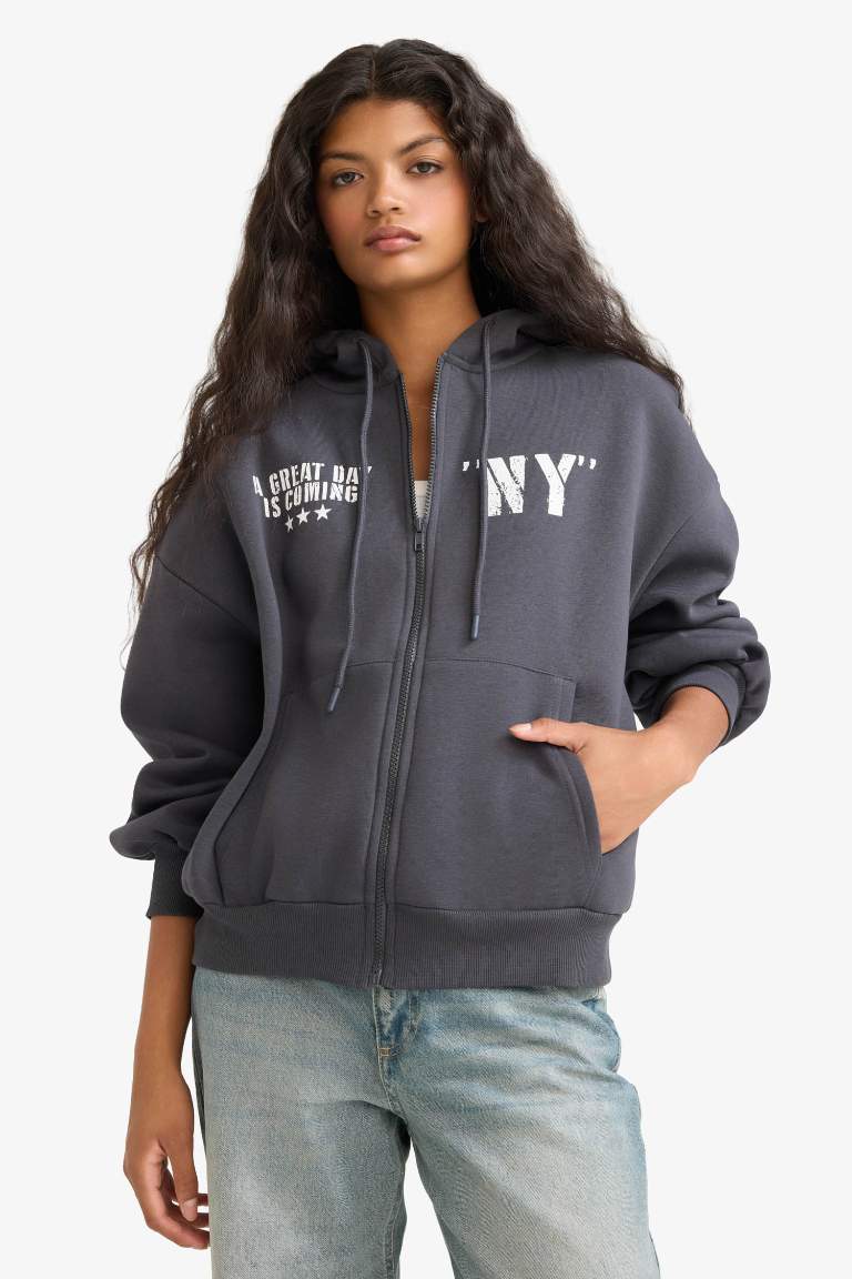 Oversize Fit Hooded Back Printed Thick Cardigan