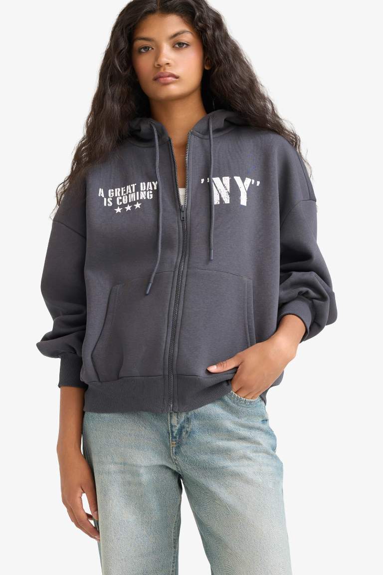 Oversize Fit Hooded Back Printed Thick Cardigan