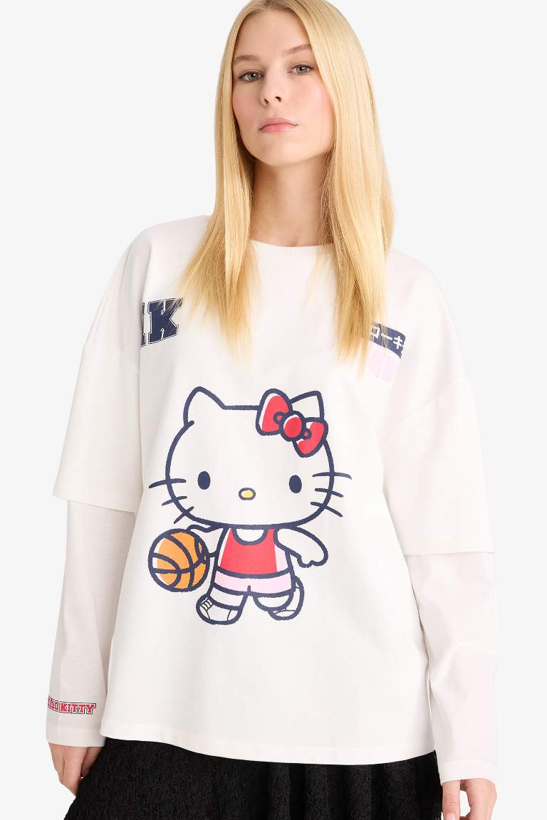 Coool Hello Kitty Oversize Geniş Kalıp Bisiklet Yaka Uzun Kollu Tişört