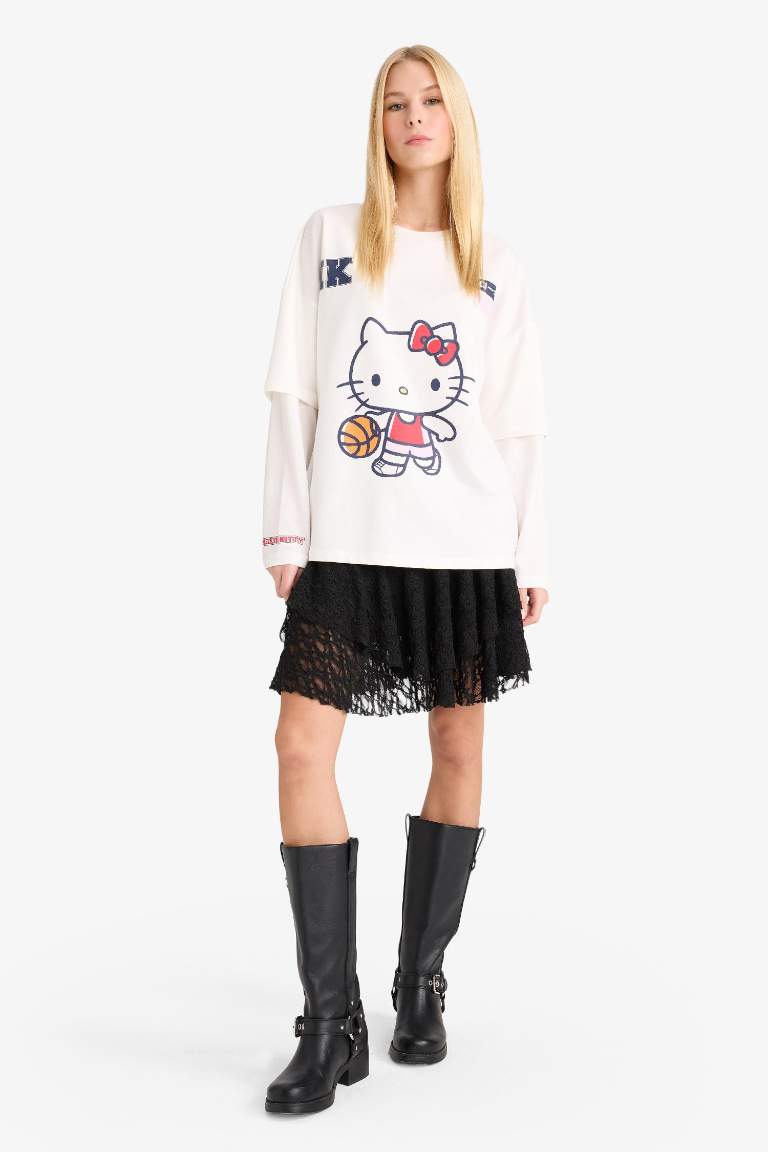 Coool Hello Kitty Oversize Geniş Kalıp Bisiklet Yaka Uzun Kollu Tişört
