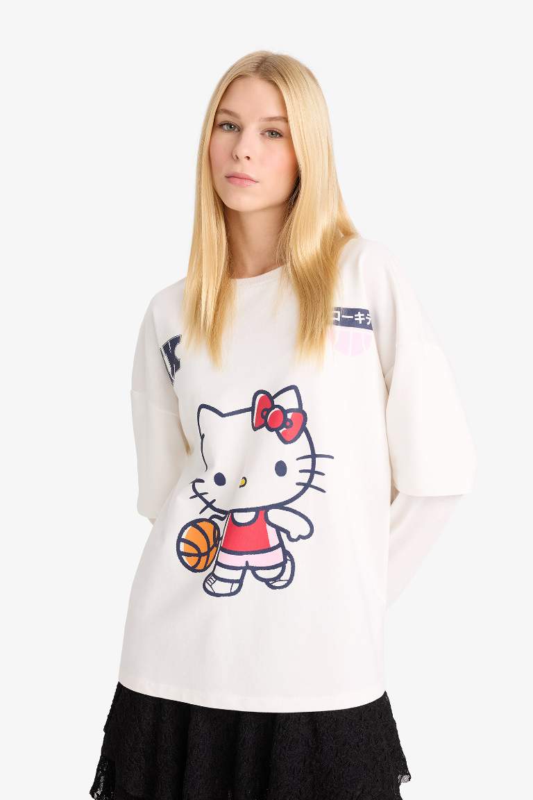 Coool Hello Kitty Oversize Geniş Kalıp Bisiklet Yaka Uzun Kollu Tişört