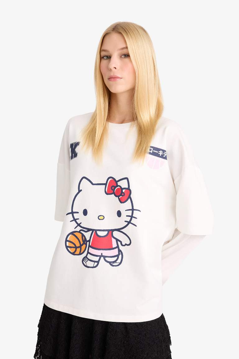 Coool Hello Kitty Oversize Geniş Kalıp Bisiklet Yaka Uzun Kollu Tişört