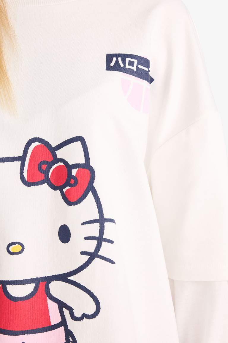 Coool Hello Kitty Oversize Geniş Kalıp Bisiklet Yaka Uzun Kollu Tişört