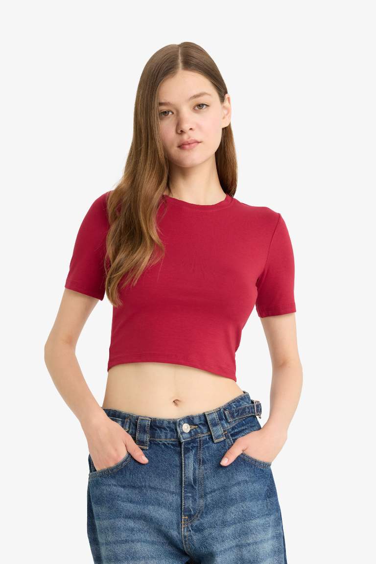 Coool Fitted Crop Basic Düz Kısa Kollu Tişört