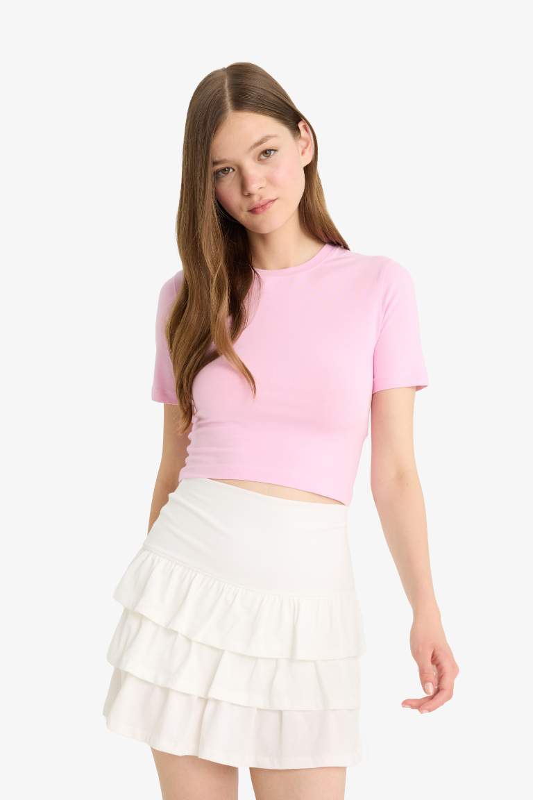 Coool Fitted Crop Basic Düz Kısa Kollu Tişört
