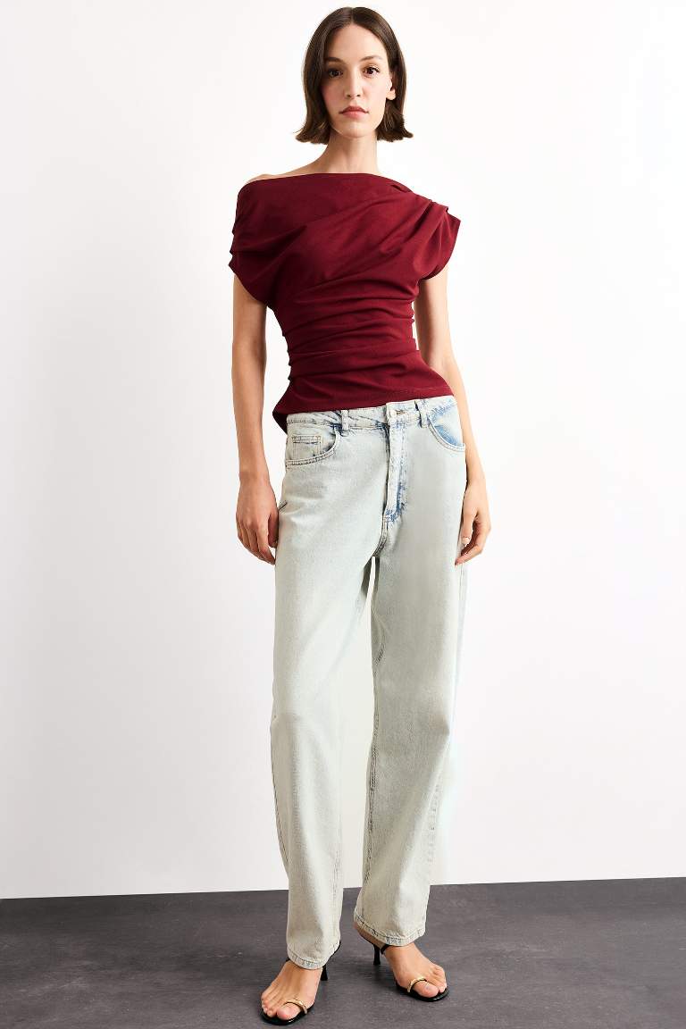 Fitted Basic Düz Tek Omuzlu Bluz