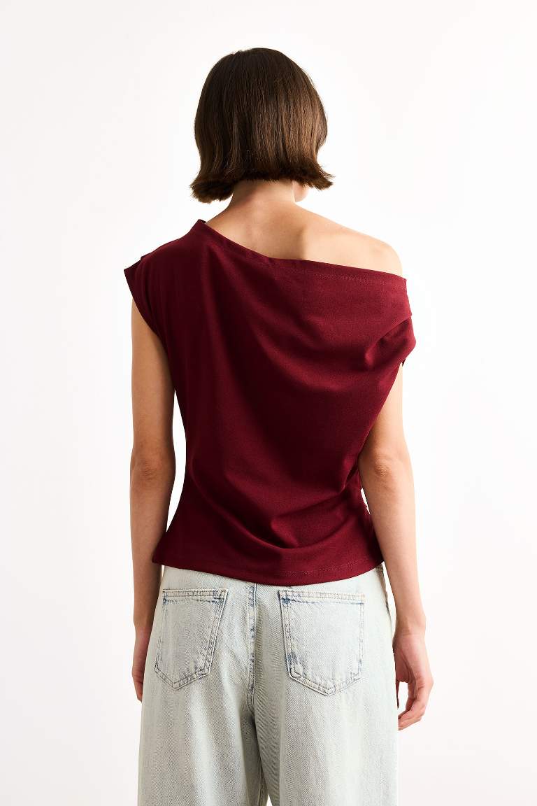 Fitted Basic Düz Tek Omuzlu Bluz