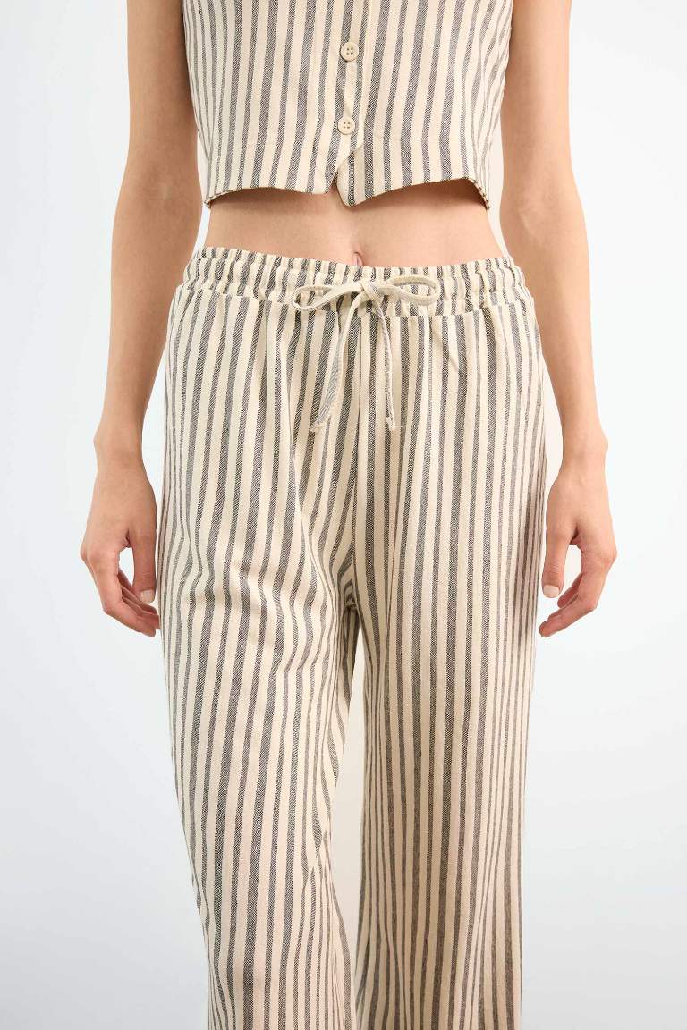 Fitted Çizgili Üç Cepli Uzun Pantolon