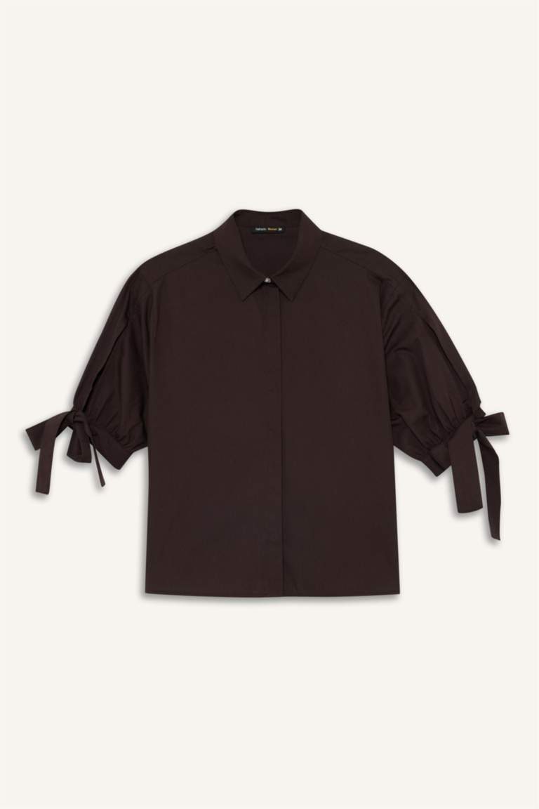 Regular Fit Bağlama Detaylı Poplin Uzun Kollu Gömlek